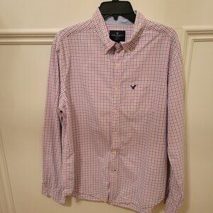 American Eagle Outfitters Men’s L Button-Down Shirt Pink Blue Plaid Long Sleeve